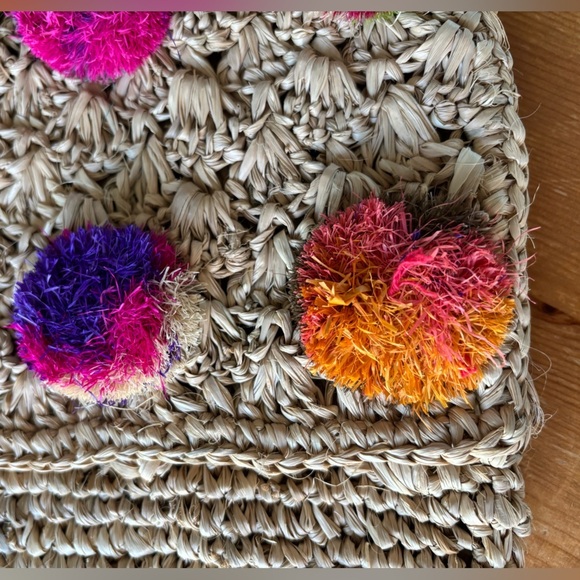 Serpui Marie Woven Straw Clutch with Colorful Pom-Poms Design - Picture 2 of 8